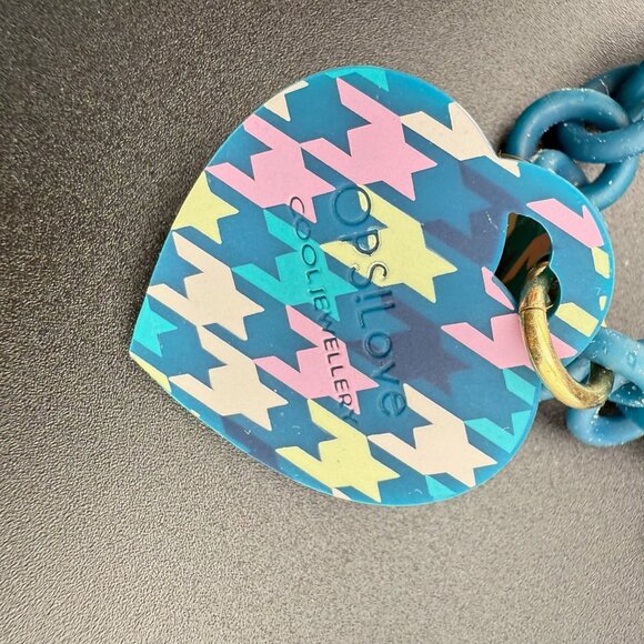 Ops! Objects Chain Bracelet Blue With Heart Houndstooth Pendant Toggle Closure I - Picture 4 of 7